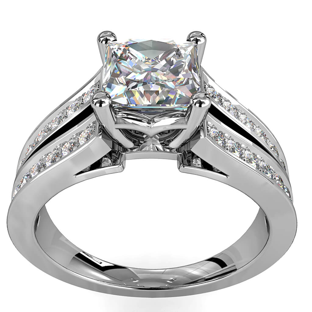Princess Cut Solitaire Diamond Engagement Ring, 4 Claw Set on a Bead Set Split Band.