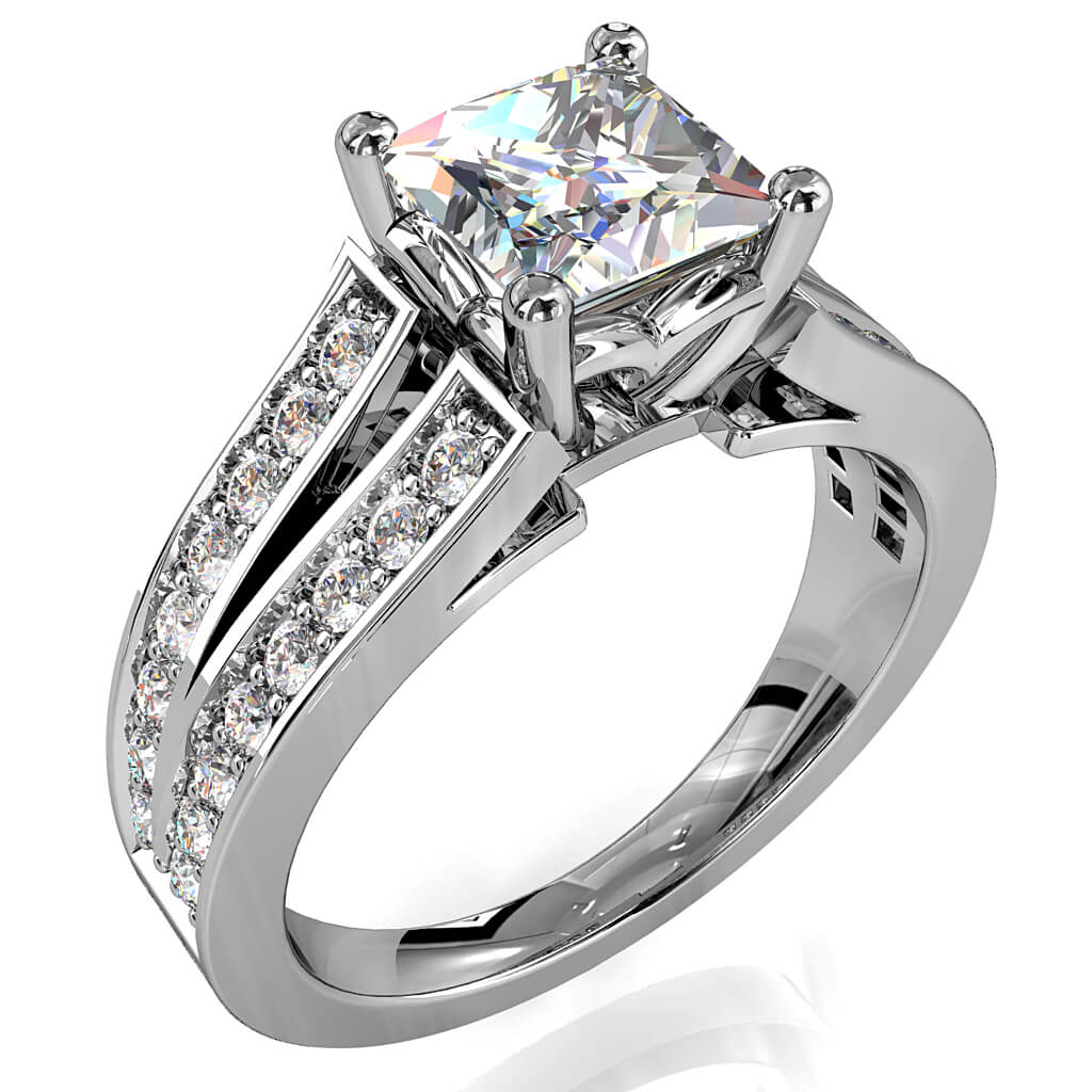 Princess Cut Solitaire Diamond Engagement Ring, 4 Claw Set on a Bead Set Split Band.
