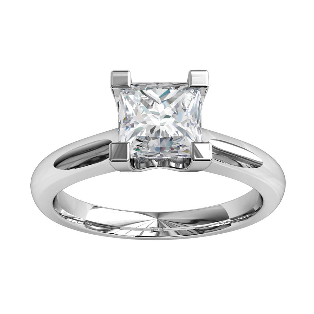 Princess Cut Solitaire Diamond Engagement Ring, 4 Square Claws on a Rounded Band.