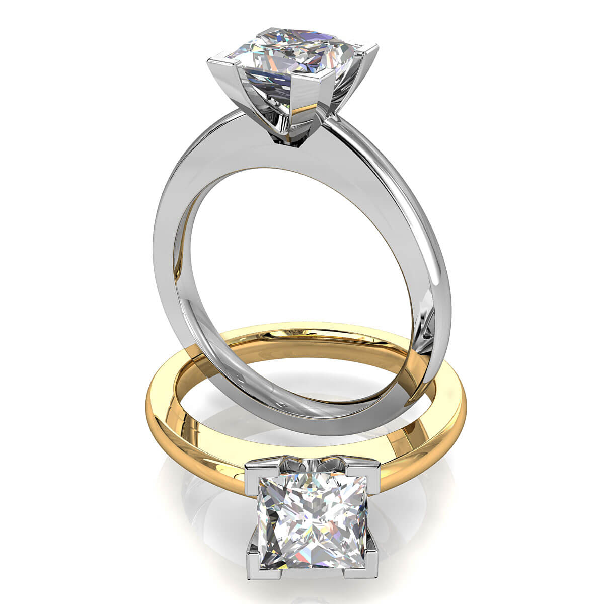 Princess Cut Solitaire Diamond Engagement Ring, 4 Corner Claws on a Flat Band.