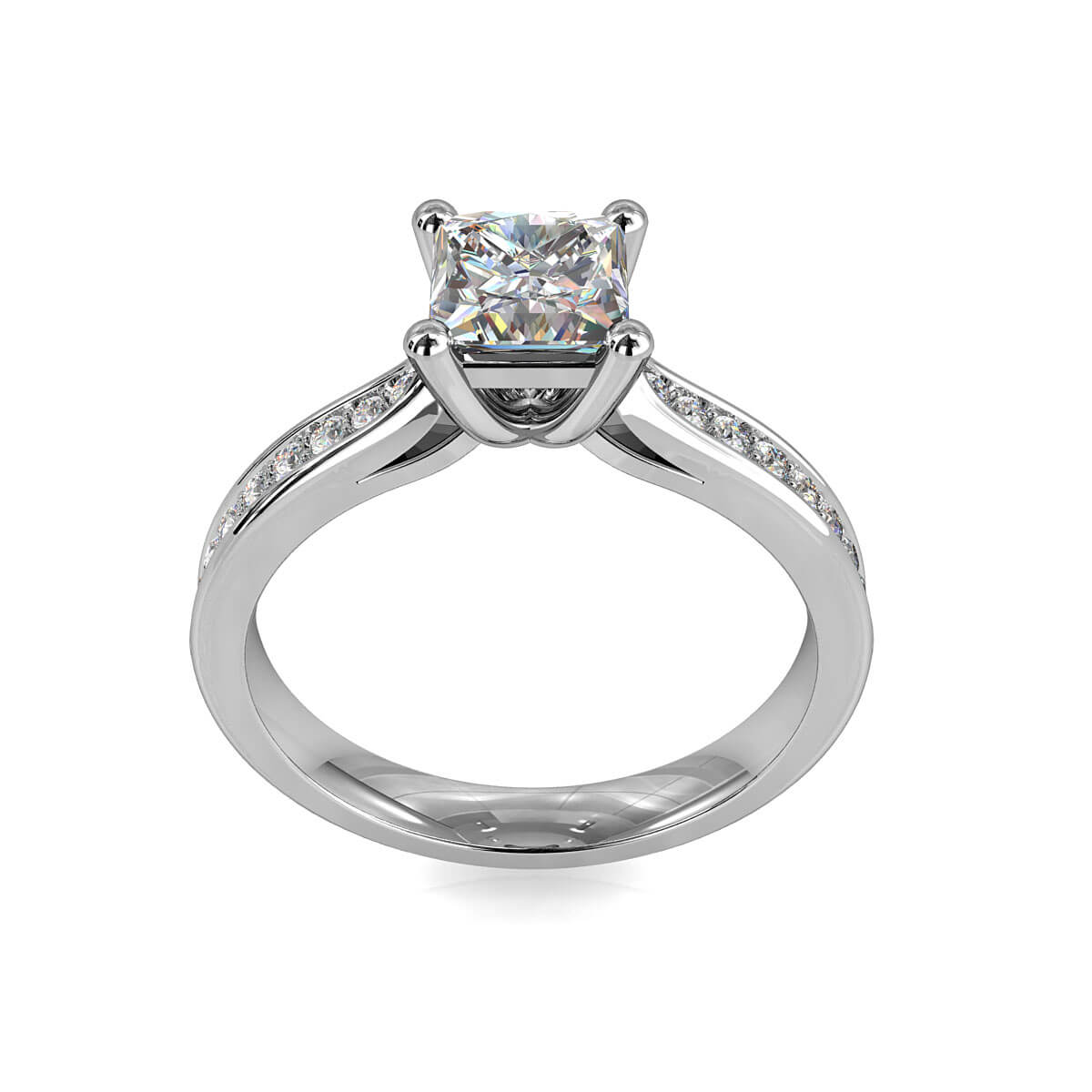Princess Cut Solitaire Diamond Engagement Ring, 4 Claw Set on a Tapered Bead Set Band with Side Support Bar.