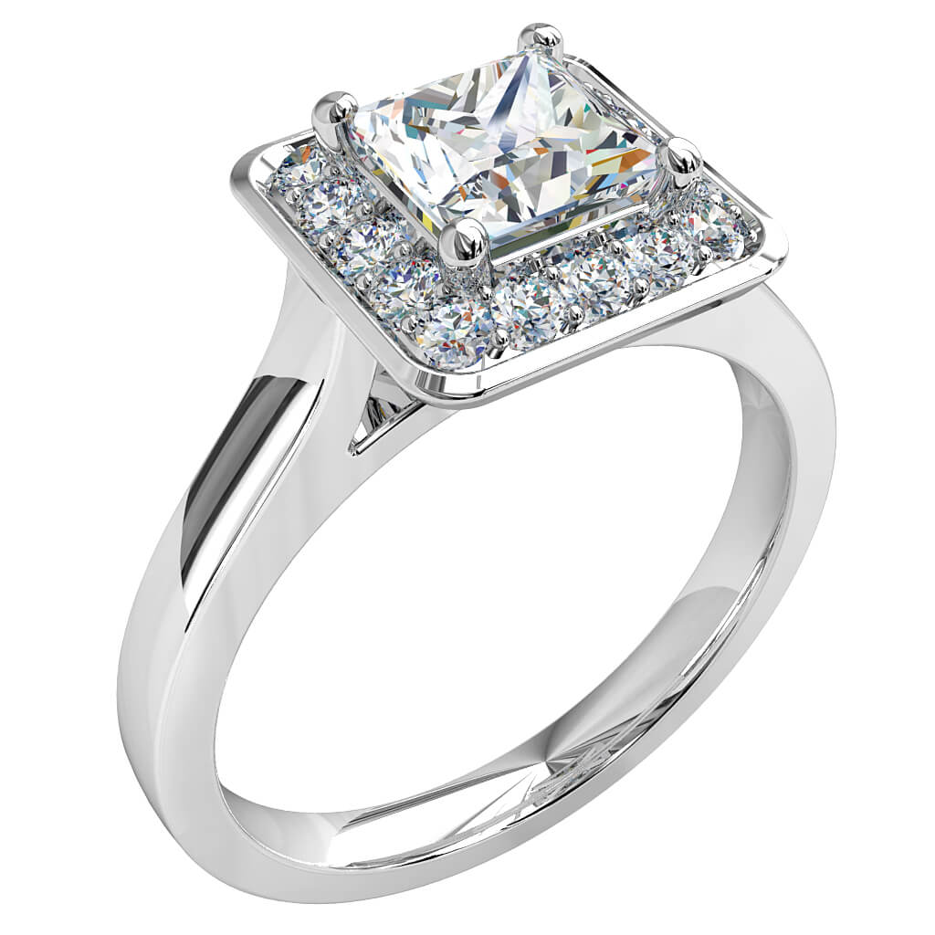 Princess Cut Halo Diamond Engagement Ring, 4 Claws Set in a Bead Set Halo on a Plain Polished Band.