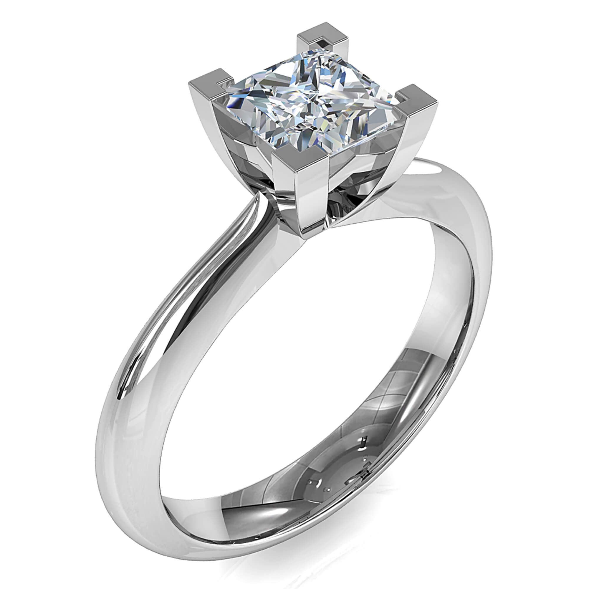 Princess Cut Solitaire Diamond Engagement Ring, 4 Corner Claws on a Tapered Round Band.