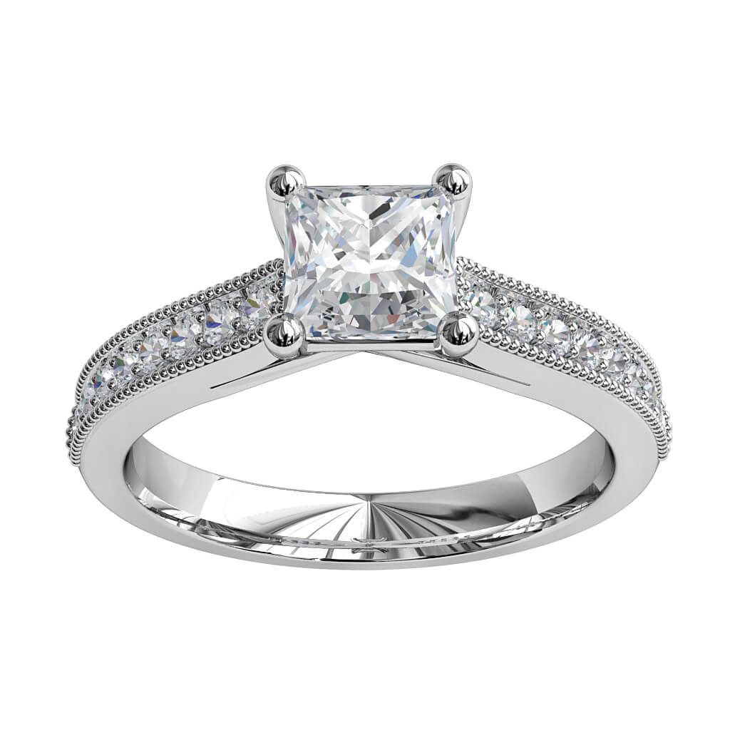 Princess Cut Solitaire Diamond Engagement Ring, 4 Claws on a Milgrain Bead Set Band with an Undersweep Setting.
