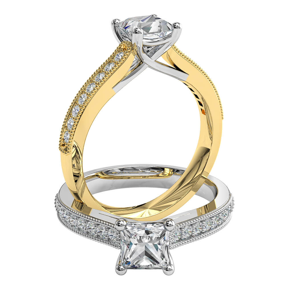 Princess Cut Solitaire Diamond Engagement Ring, 4 Claws on a Milgrain Bead Set Band with an Undersweep Setting.
