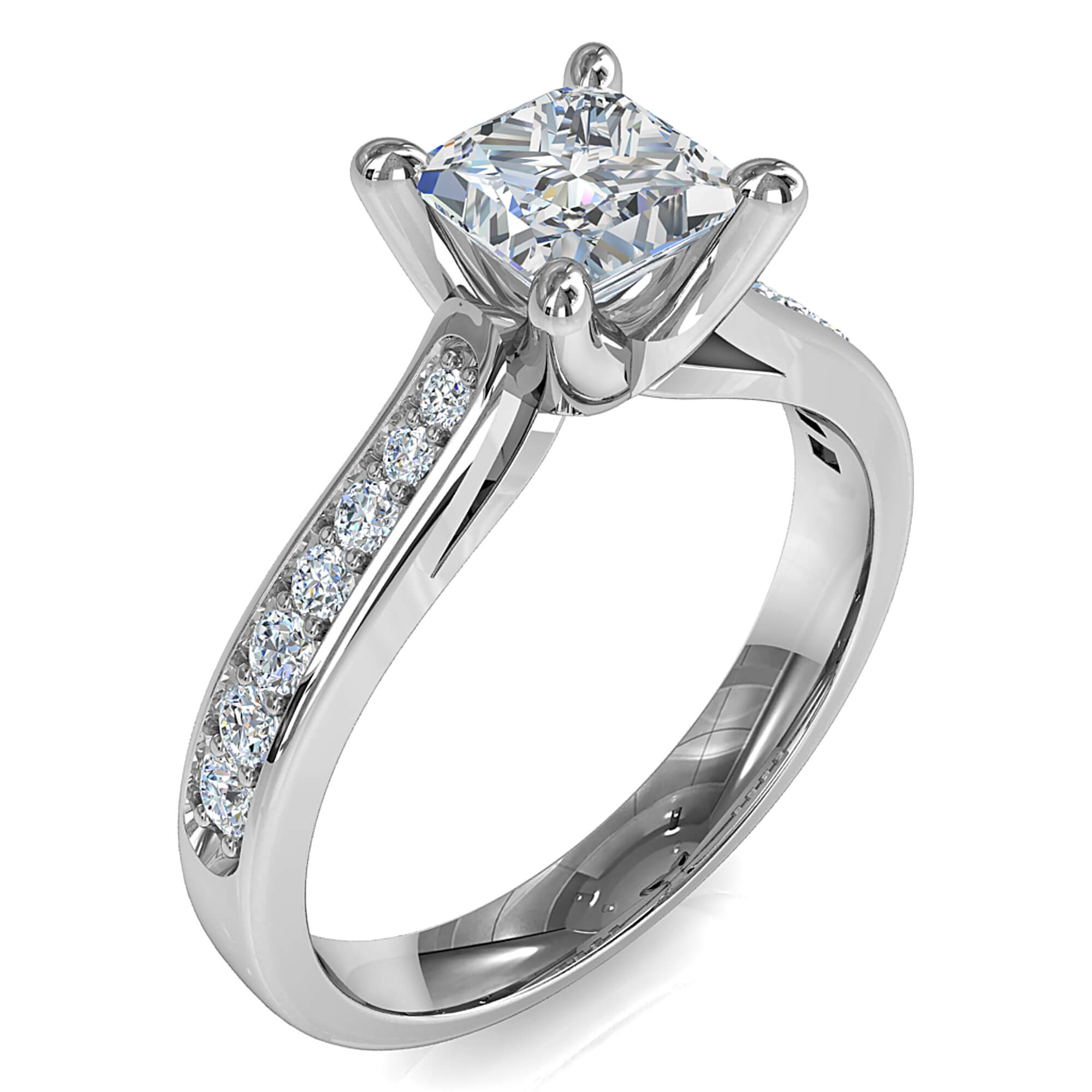 Princess Cut Solitaire Diamond Engagement Ring, 4 Pear Claws on a Tapered Bead Set Band.