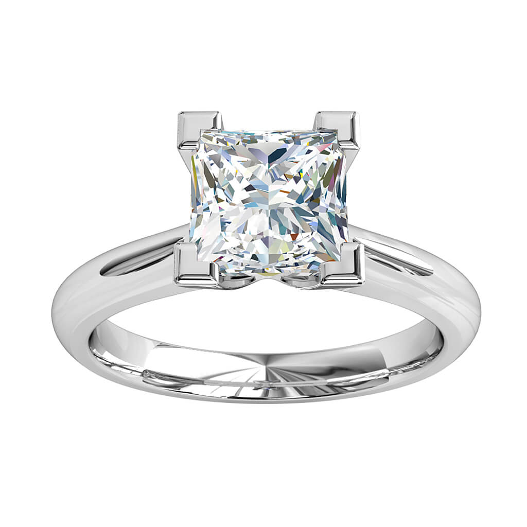 Princess Cut Solitaire Diamond Engagement Ring, 4 Corner Claws on a Rounded Band.