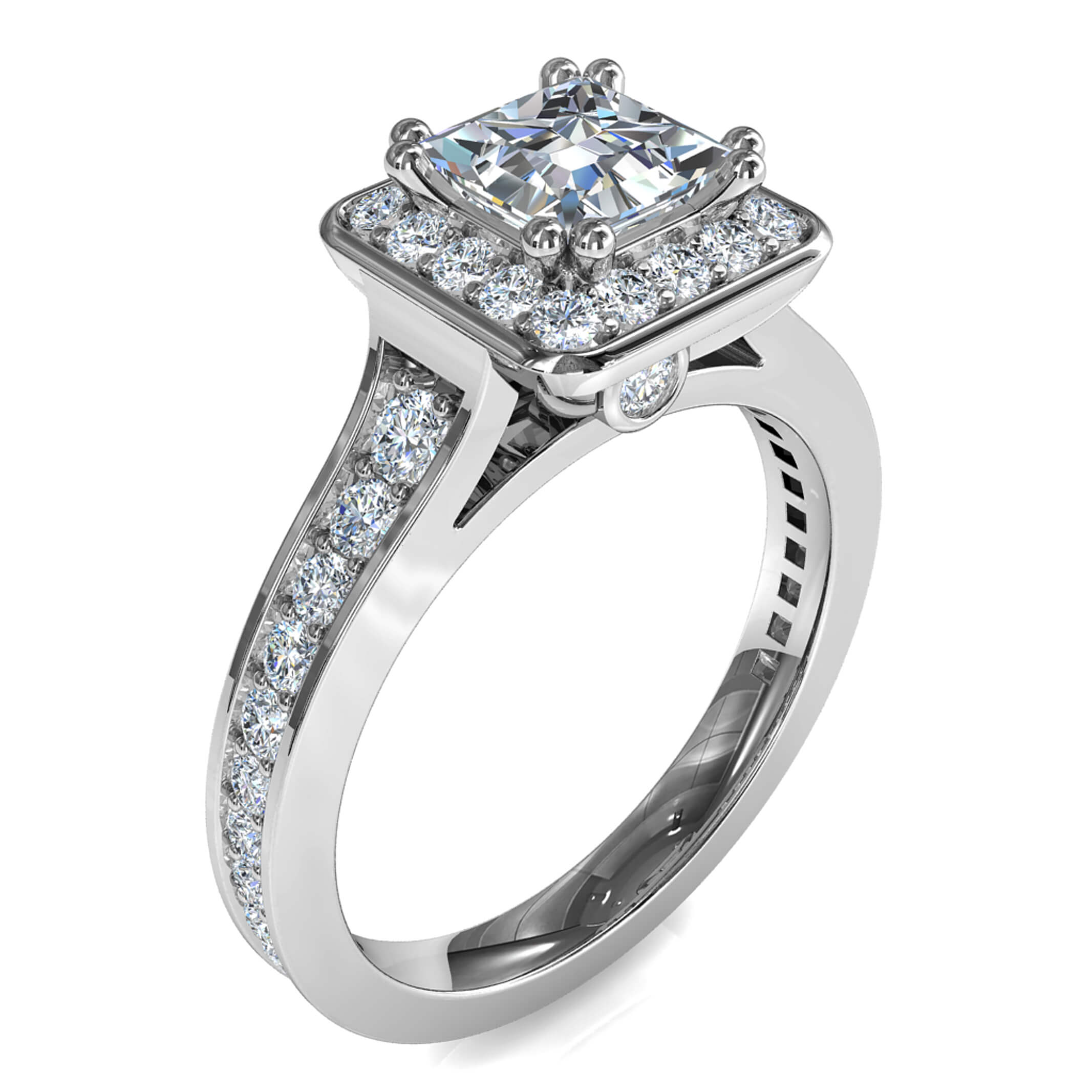 Princess Cut Halo Diamond Engagement Ring, 4 Double Claws Set in a Bead Set Halo on a Tapering Bead Set Band with Hidden Diamond Undersetting.