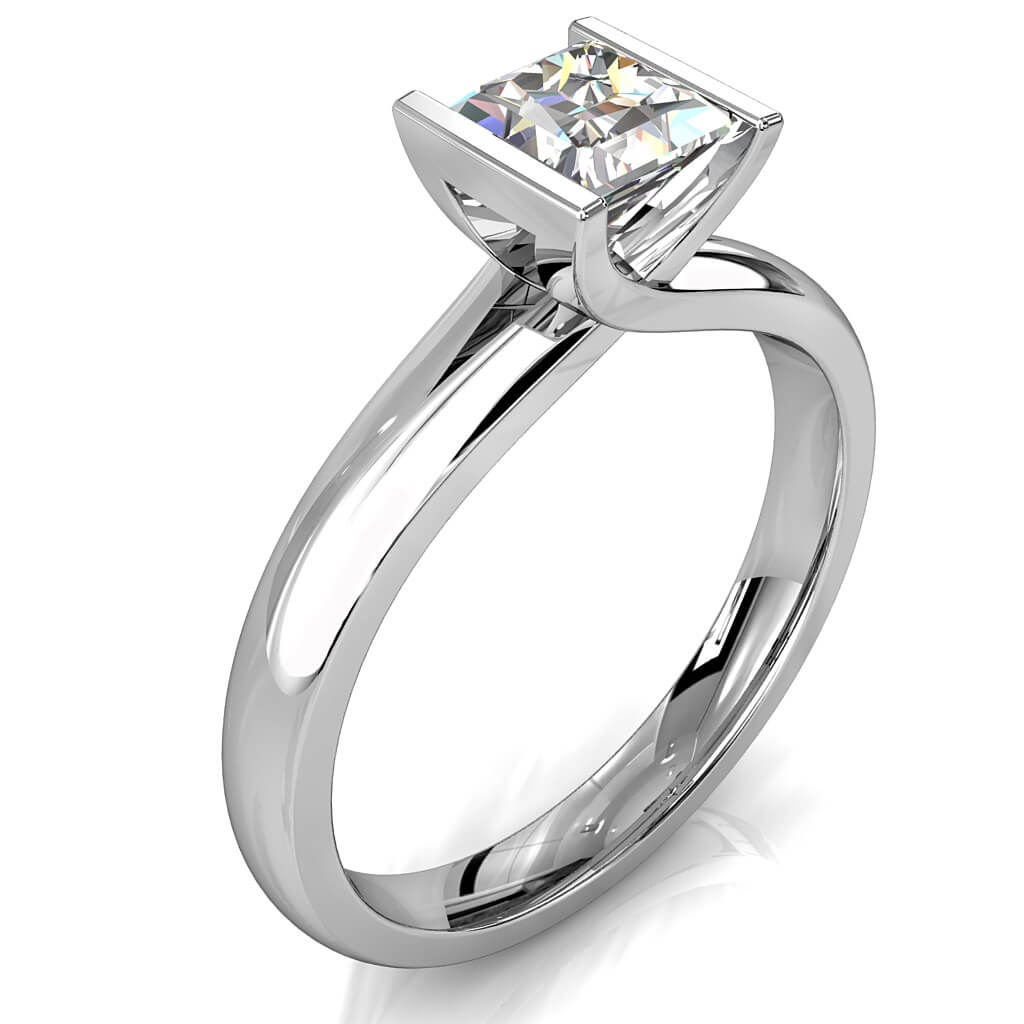 Princess Cut Solitaire Diamond Engagement Ring, Tension Set on a Sweeping Band.