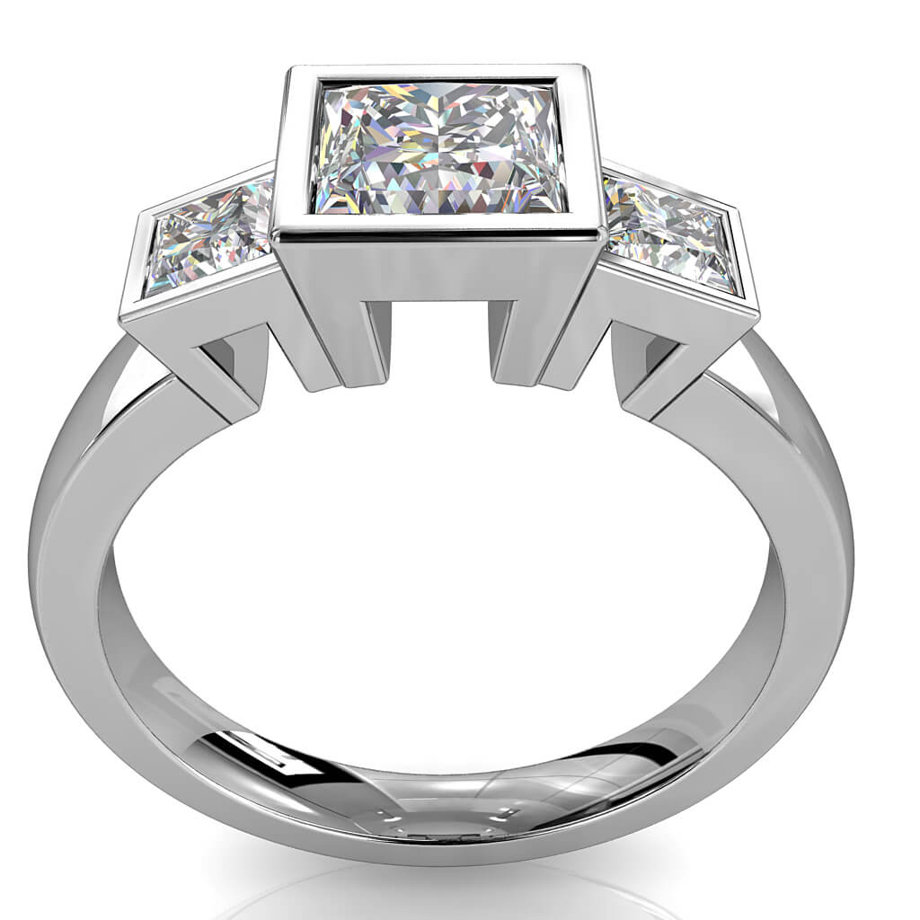 Princess Cut Trilogy Diamond Engagement Ring, Bezel Set on a Plain Band.