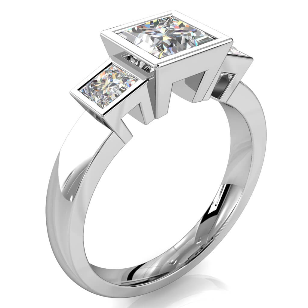 Princess Cut Trilogy Diamond Engagement Ring, Bezel Set on a Plain Band.