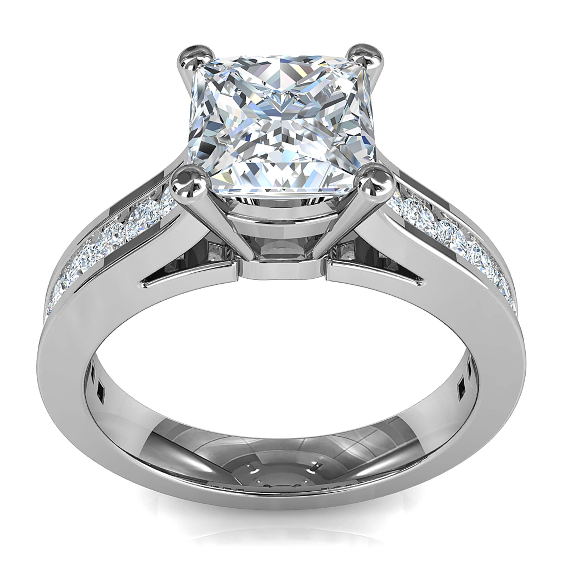 Princess Cut Solitaire Diamond Engagement Ring, 4 Claw Set on a Round Channel Set Band with Classic Underrail Setting.