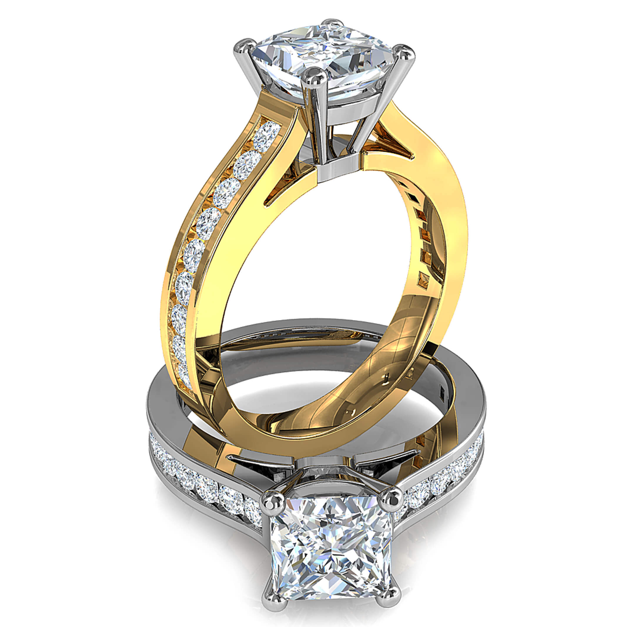 Princess Cut Solitaire Diamond Engagement Ring, 4 Claw Set on a Round Channel Set Band with Classic Underrail Setting.