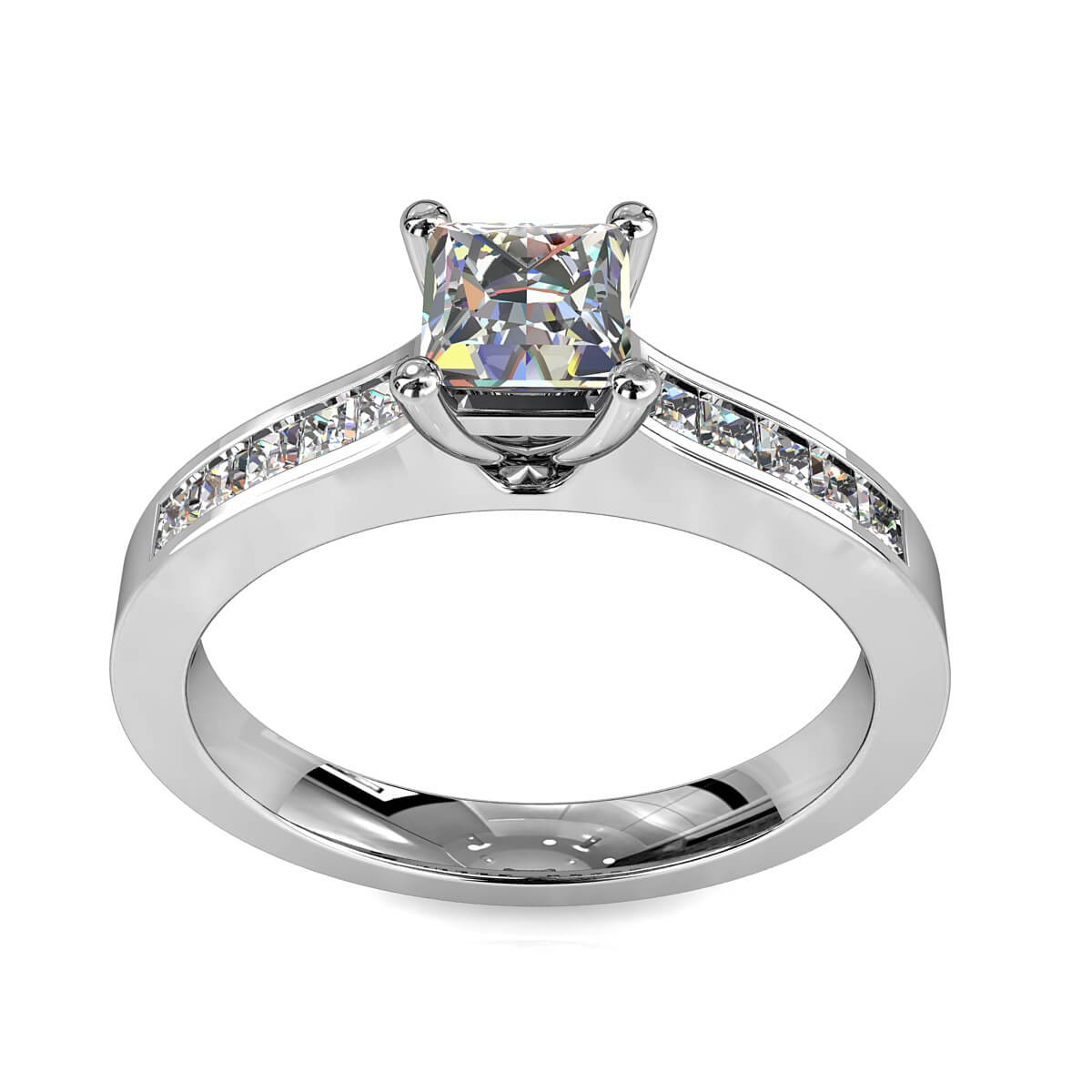 Princess Cut Solitaire Diamond Engagement Ring, 4 Claw Set on a Princess Channel Set Band.