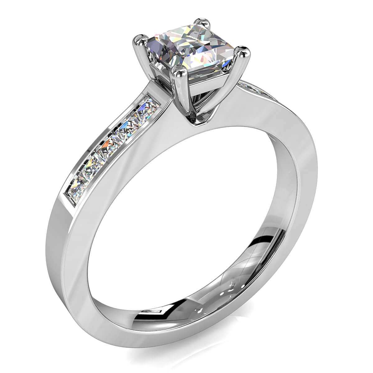 Princess Cut Solitaire Diamond Engagement Ring, 4 Claw Set on a Princess Channel Set Band.