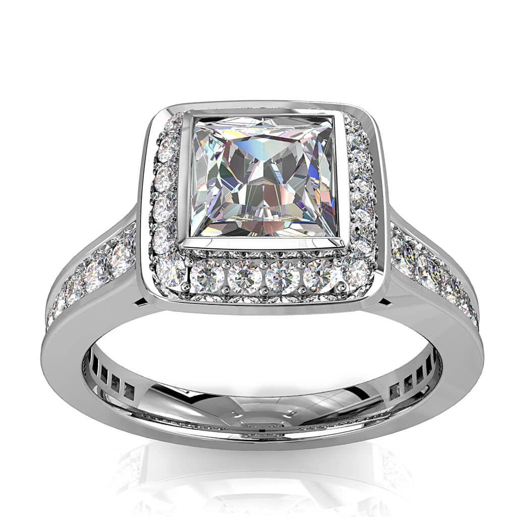 Princess Cut Halo Diamond Engagement Ring, Bezel Set in a Bead Set Halo with Tapering Bead Set Band with Diamond Set Support Bars and Hidden Diamond Undersetting.