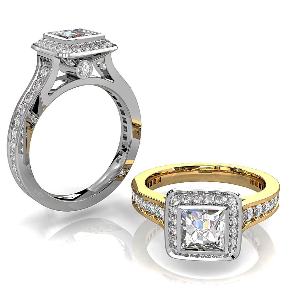 Princess Cut Halo Diamond Engagement Ring, Bezel Set in a Bead Set Halo with Tapering Bead Set Band with Diamond Set Support Bars and Hidden Diamond Undersetting.