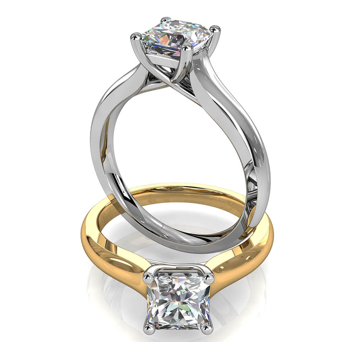 Princess Cut Solitaire Diamond Engagement Ring, 4 Claws on a Wide Band with an Undersweep Setting.