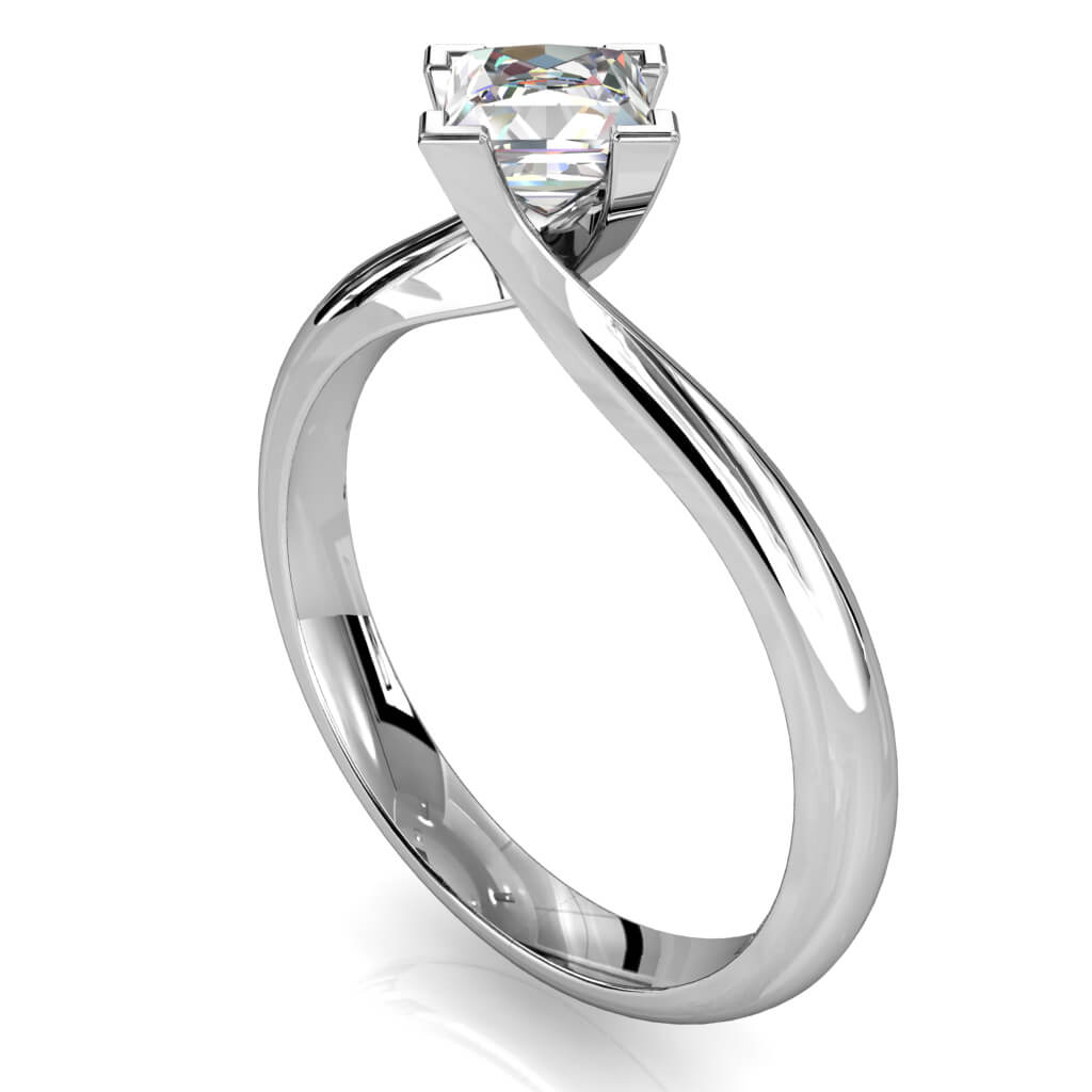 Princess Cut Solitaire Diamond Engagement Ring, 4 Corner Claws on Sweeping Band.