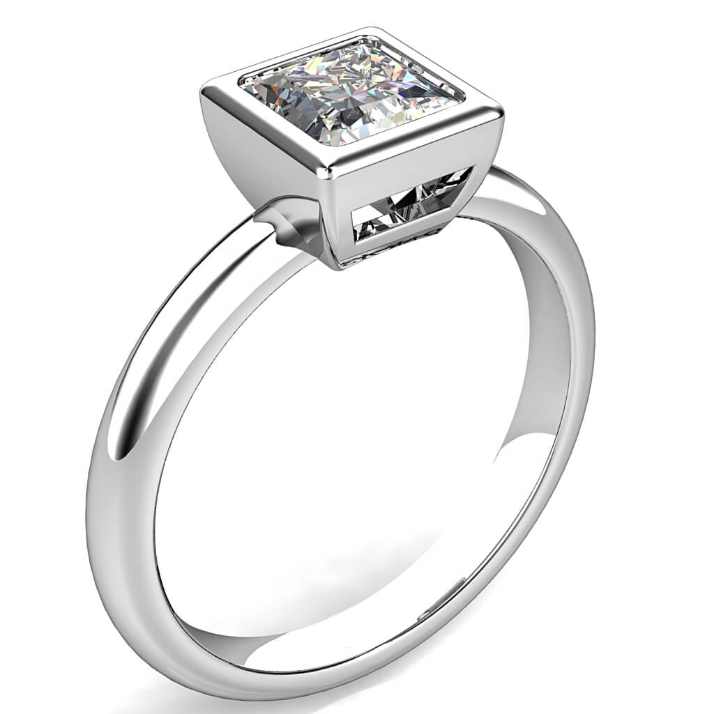Princess Cut Solitaire Diamond Engagement Ring, Bezel Set on a Rounded Band.