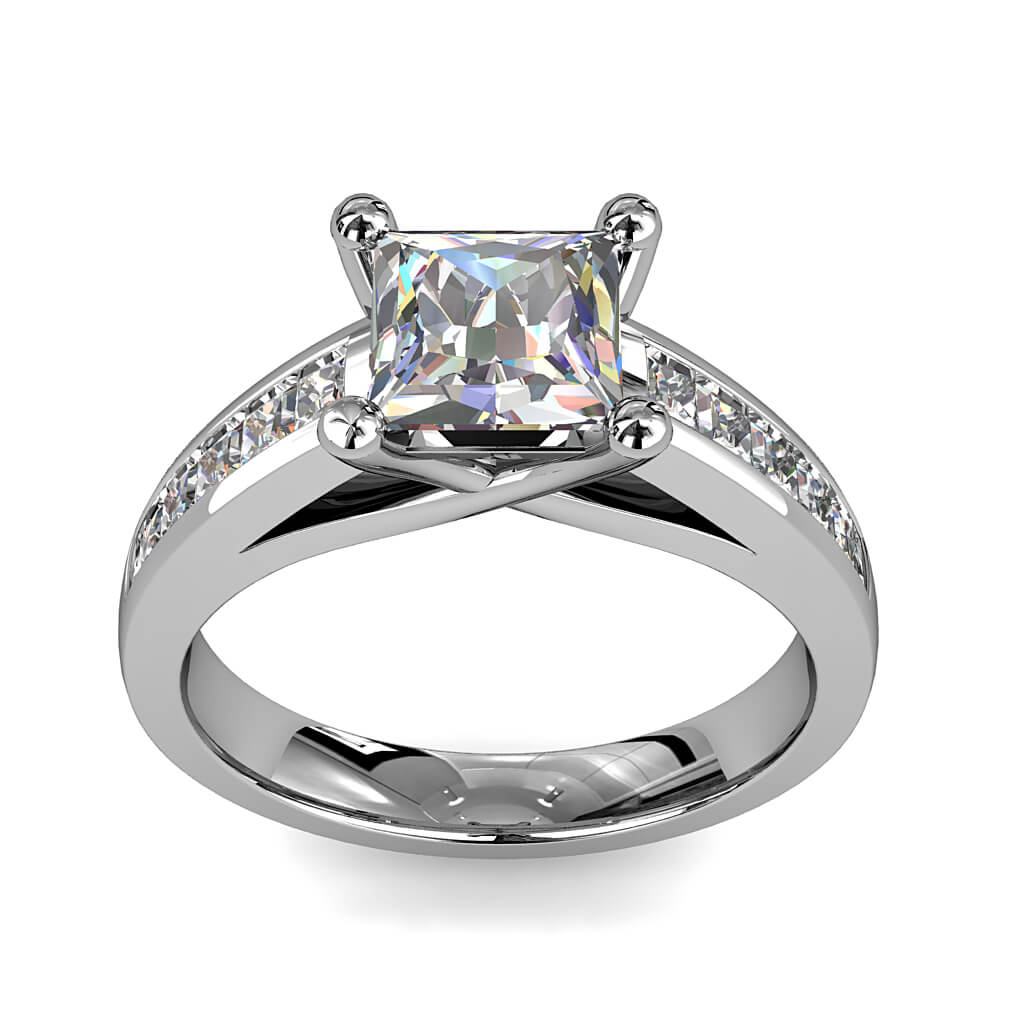 Princess Cut Solitaire Diamond Engagement Ring, 4 Claw Set on a Channel Set Band and an Undersweep Setting.