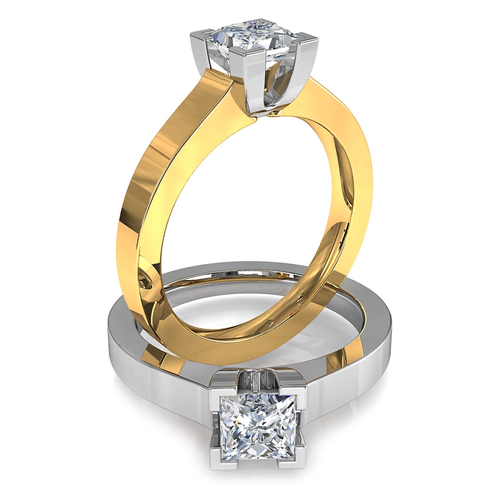 Princess Cut Solitaire Diamond Engagement Ring, 4 Corner Claws on a Thick Flat Band.