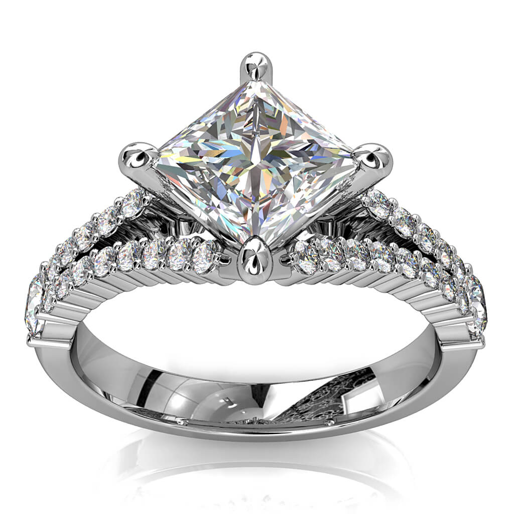 Princess Cut Solitaire Diamond Engagement Ring, 4 Pear Offset Claws on a Cut Claw Fitted Split Band.