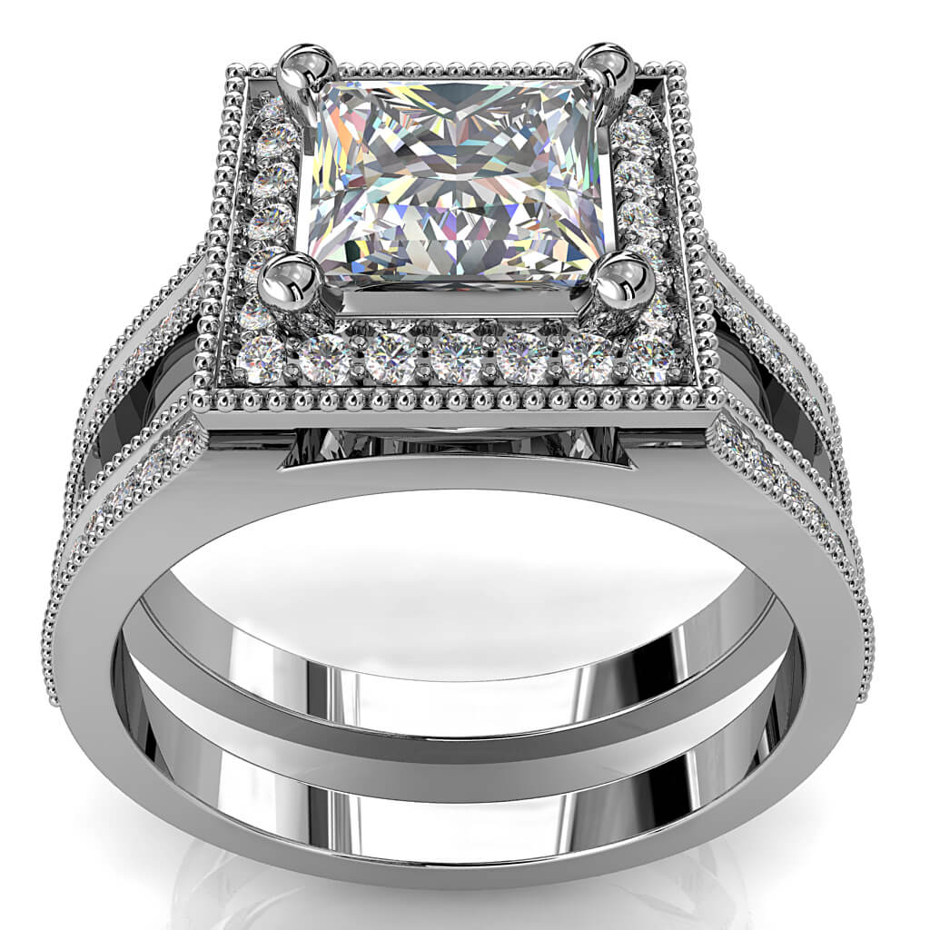 Princess Cut Halo Diamond Engagement Ring, 4 Claw Set in a Bead Set Halo and a Bead Set Full Split Band.