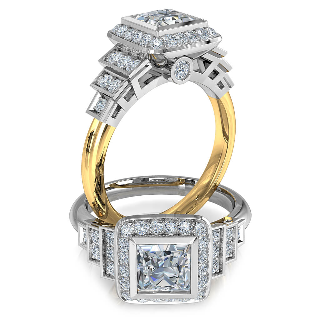 Princess Cut Halo Diamond Engagement Ring, Bezel Set in a Bead Set Halo on an Art Deco Style Stepped Diamond Set Band.