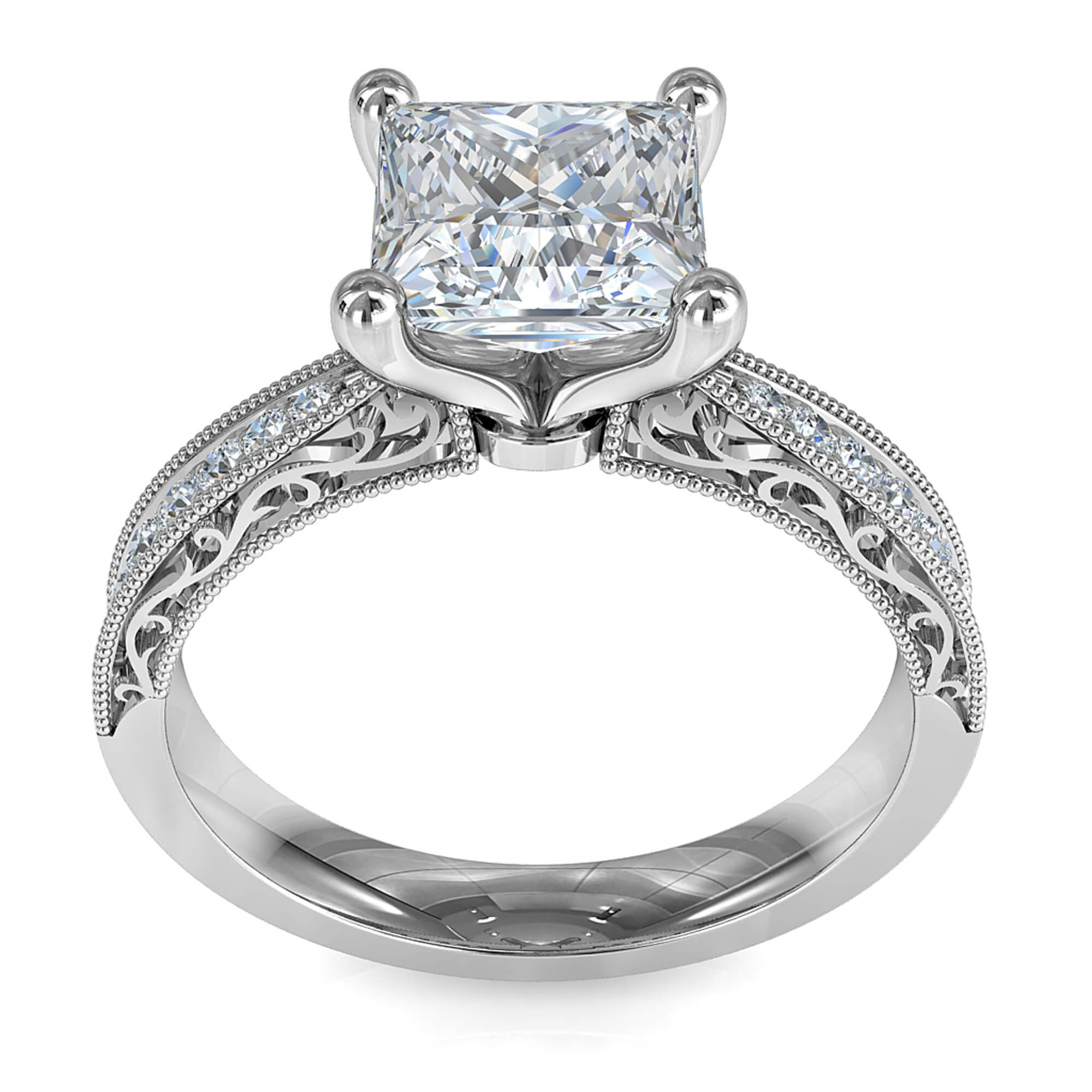Princess Cut Solitaire Diamond Engagement Ring, 4 Claws on a Bead Set Band with Vintage Scroll Detail on Outer Edge of Band.