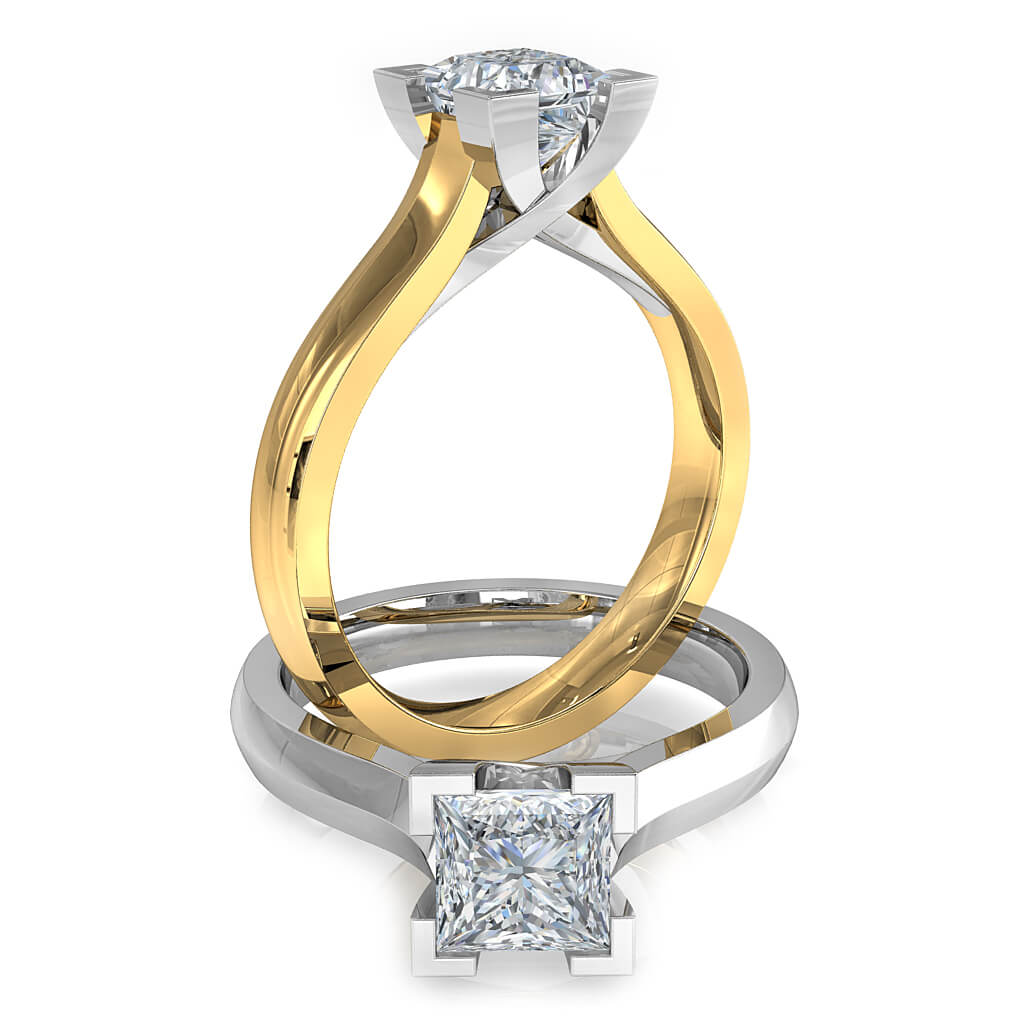 Princess Cut Solitaire Diamond Engagement Ring, 4 Corner Claws and an Undersweep Setting.