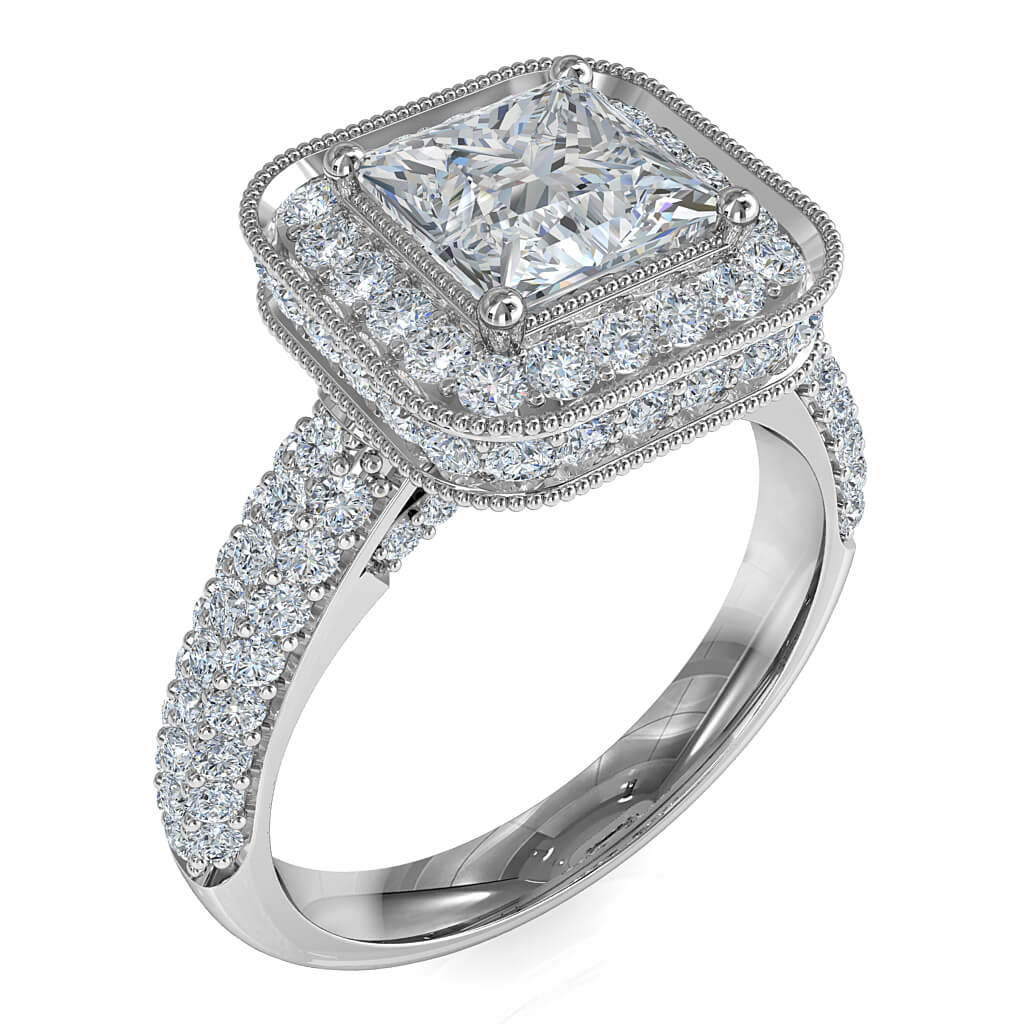 Princess Cut Halo Diamond Engagement Ring, 4 Claw Set in a Rolled Milgrain Bead Set Halo with Rolled Pave Set Band.