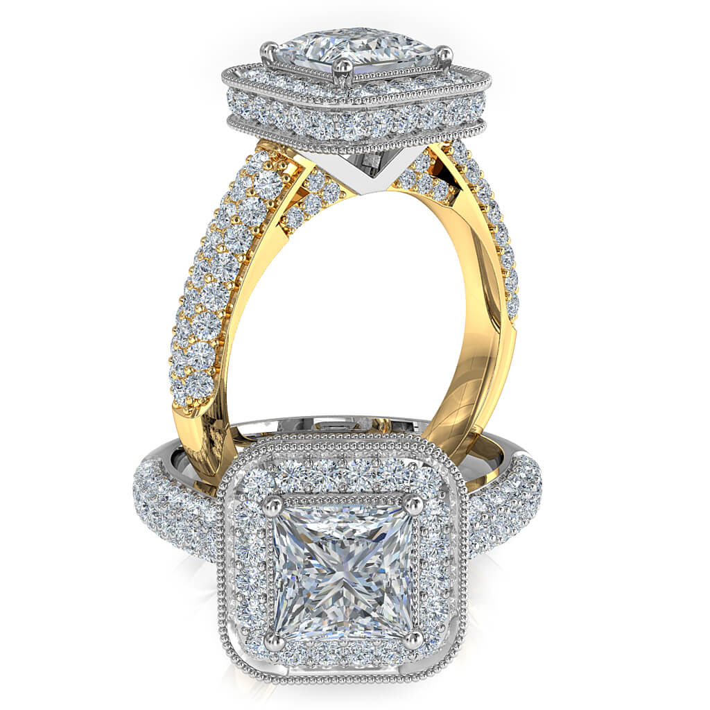 Princess Cut Halo Diamond Engagement Ring, 4 Claw Set in a Rolled Milgrain Bead Set Halo with Rolled Pave Set Band.