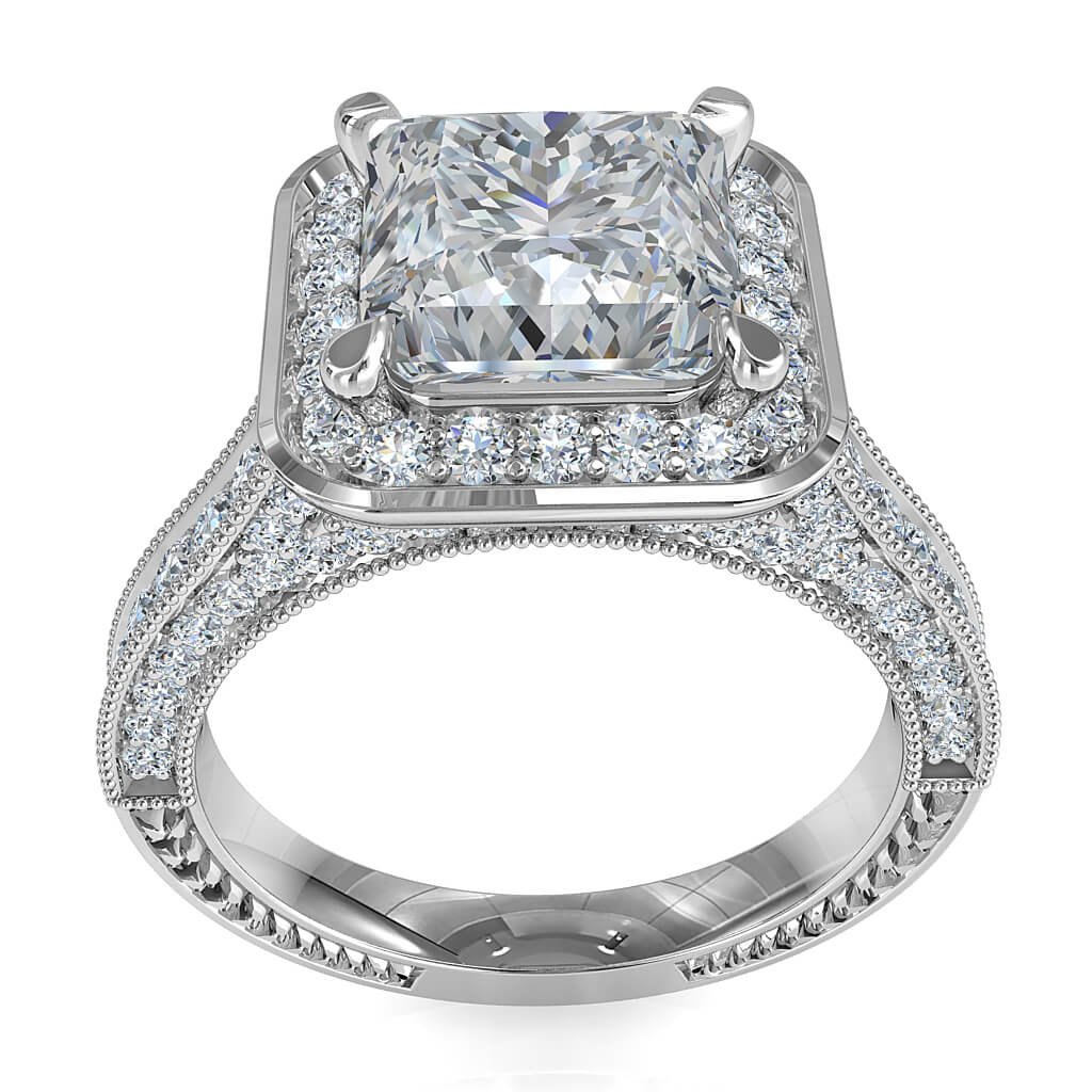 Princess Cut Halo Diamond Engagement Ring, 4 Pear Claws Set in a Milgrain Bead Set Halo Band and Support Bars on a Curved Milgrain Diamond Unsetting with Vintage Outer Band Detail.