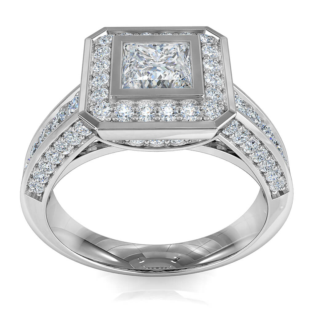 Princess Cut Halo Diamond Engagement Ring, Bezel Set with a Bead Set Halo and Band on a Bead Set Curved Undersetting and Outer Band.