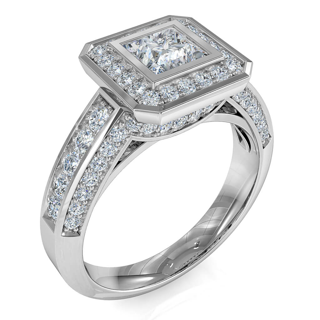Princess Cut Halo Diamond Engagement Ring, Bezel Set with a Bead Set Halo and Band on a Bead Set Curved Undersetting and Outer Band.