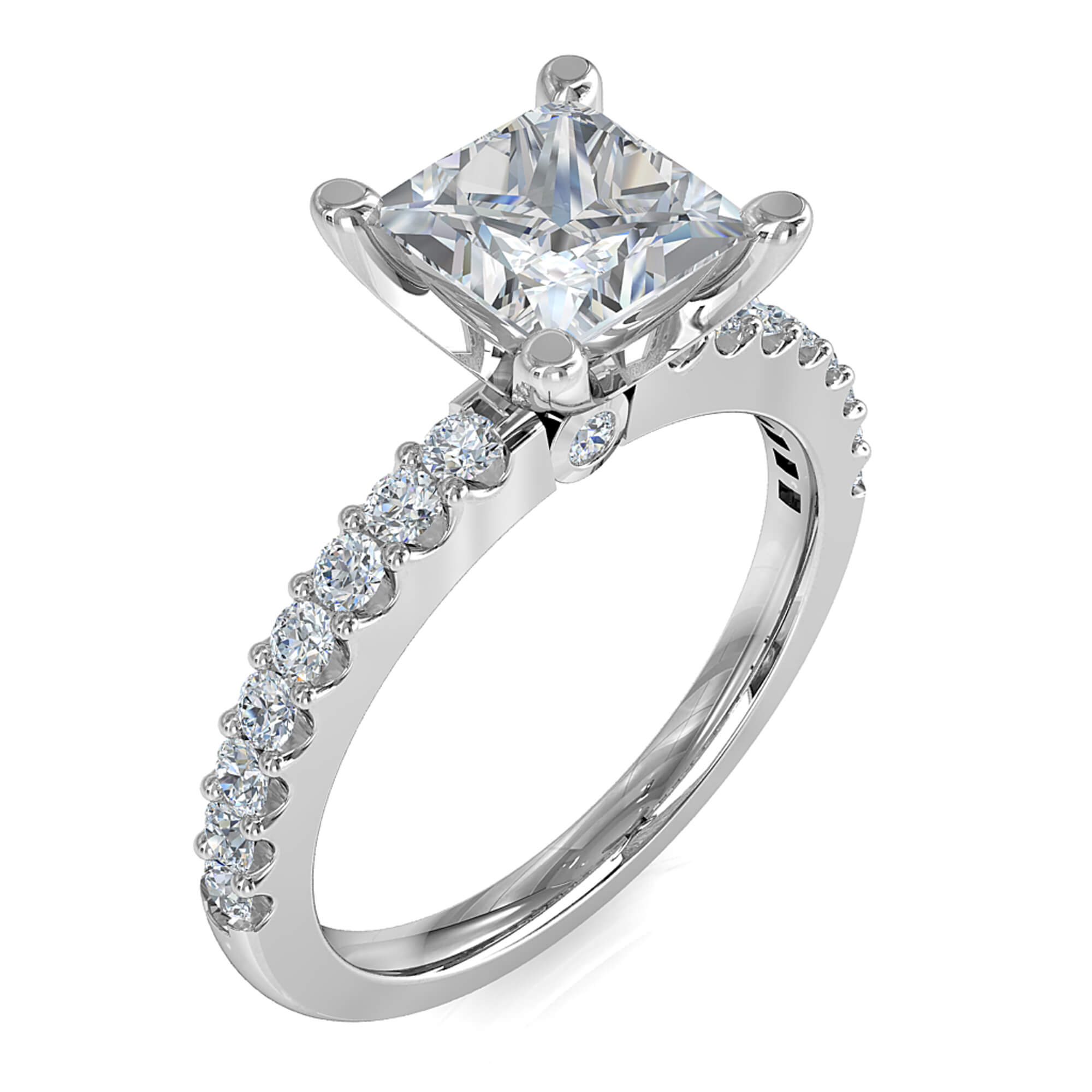 Princess Cut Solitaire Diamond Engagement Ring, 4 Claws Set on a Thin Cut Claw Band with a Hidden Diamond Undersetting.