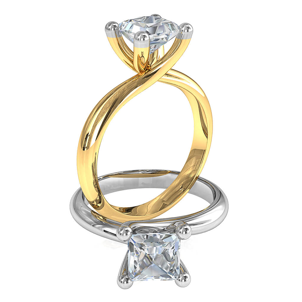 Princess Cut Solitaire Diamond Engagement Ring, 4 Button Claws on a Rounded Band with a Twisted Undersetting.