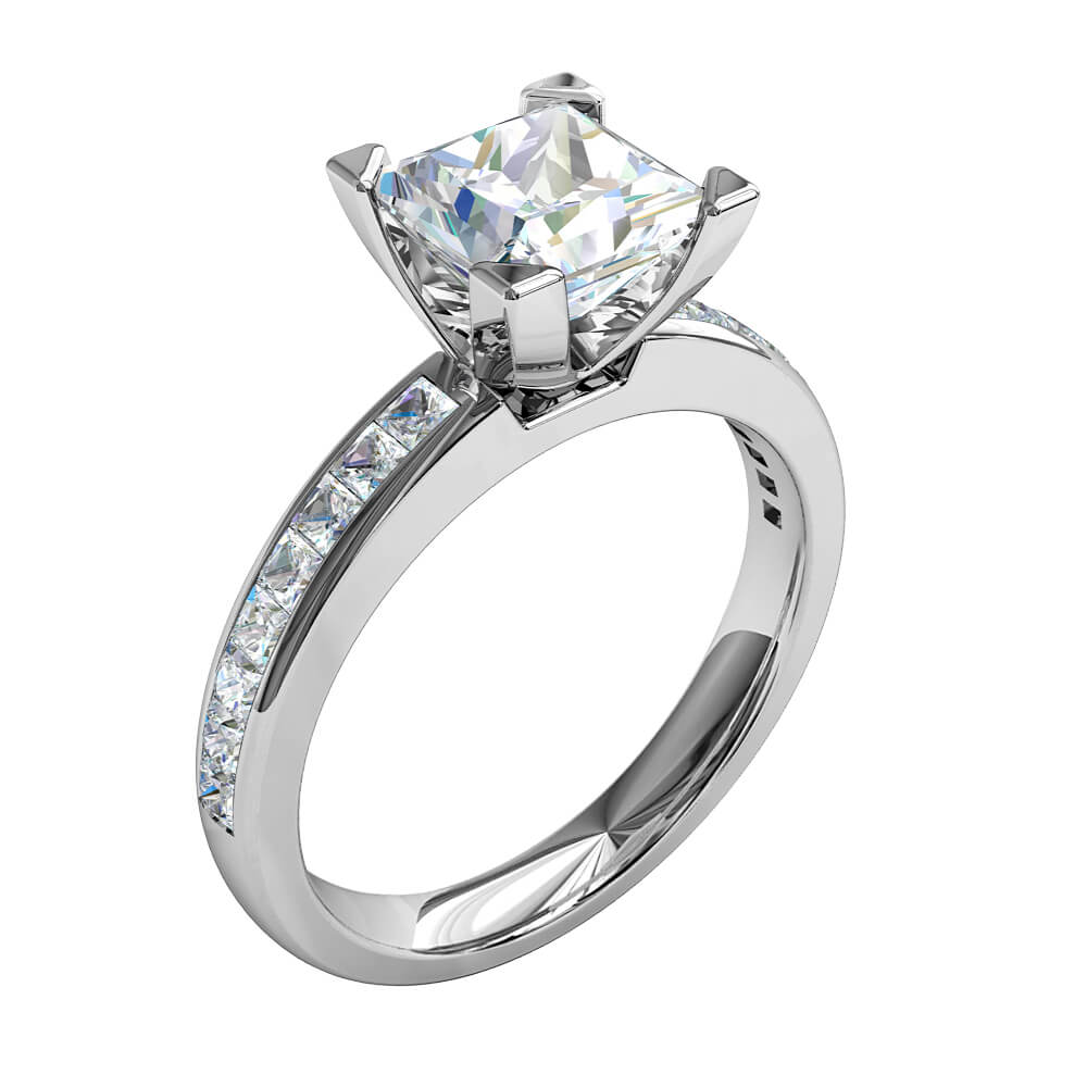 Princess Cut Solitaire Diamond Engagement Ring, 4 Square Claws on a Princess Channel Set Band.