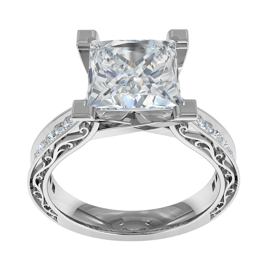 Princess Cut Solitaire Diamond Engagement Ring, 4 Milgrained Corner Claws on a Tapered Milgrain Bead Set Band with Outer Band Scroll Detail.
