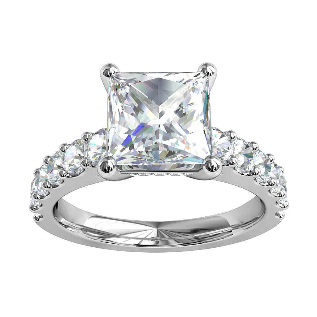 Princess Cut Solitaire Diamond Engagement Ring, 4 Claws Set on a Cut Claw Band with Diamond Set Support Bar.