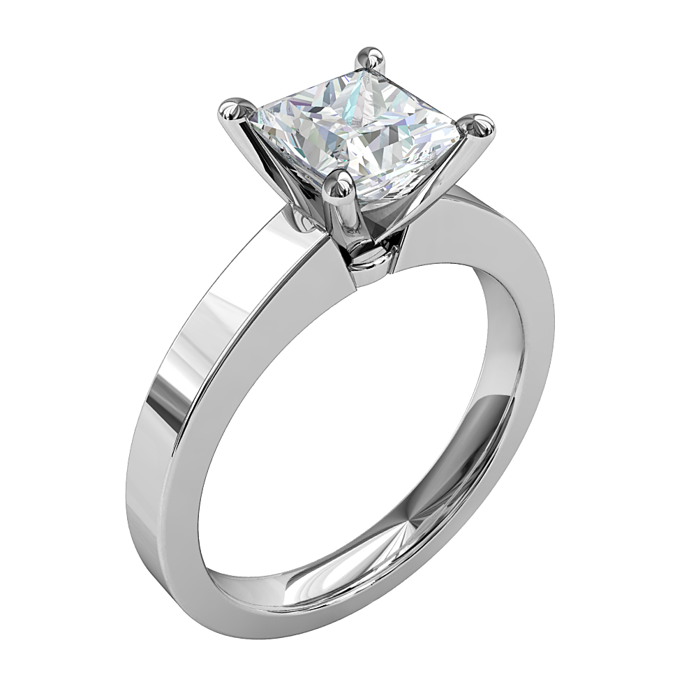 Princess Cut Solitaire Diamond Engagement Ring, 4 Pear Shape Claws on a Flat Band.