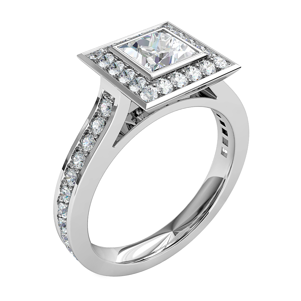 Princess Cut Halo Diamond Engagement Ring, Bezel set in a bead set halo and band with a classic underail setting.