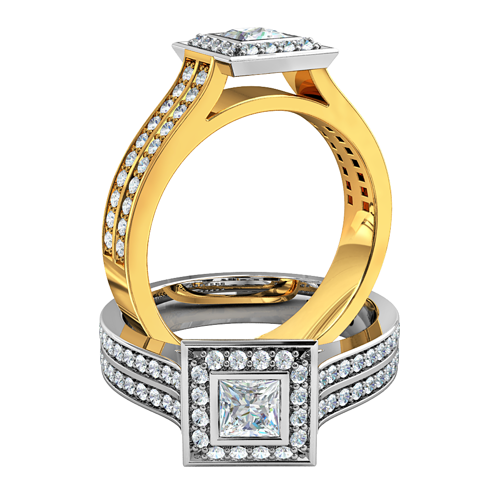 Princess Cut Halo Diamond Engagement Ring, Bezel Set in a Bead Set Halo on a Double Row Bead Set Band.