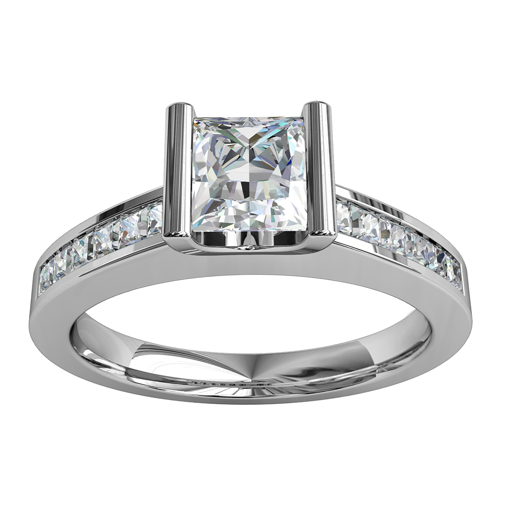 Princess Cut Solitaire Diamond Engagement Ring, Tension Set with Princess Cut Channel Set Band.