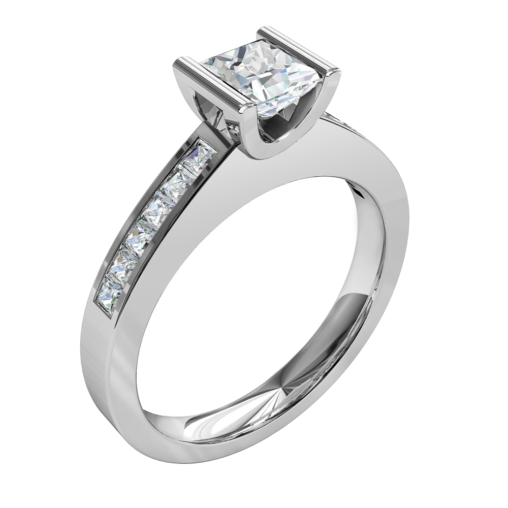 Princess Cut Solitaire Diamond Engagement Ring, Tension Set with Princess Cut Channel Set Band.