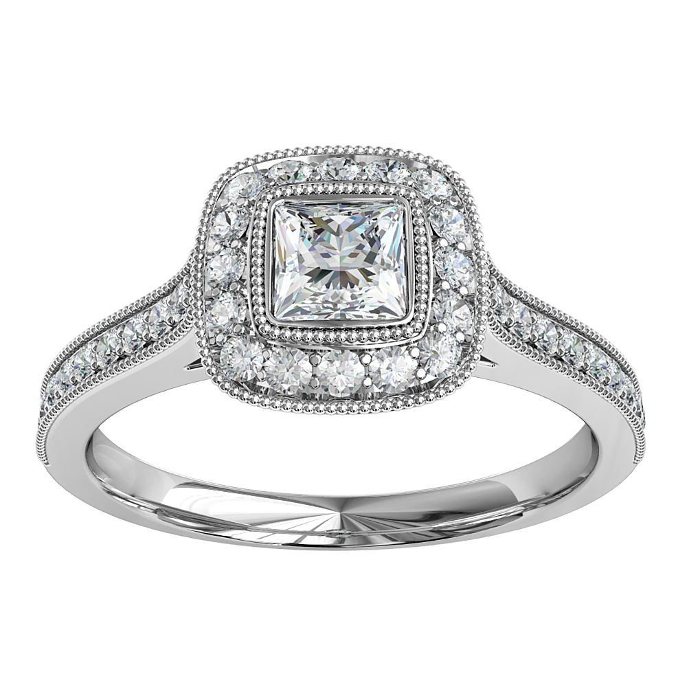 Princess Cut Halo Diamond Engagement Ring, Milgrain Bezel Set in a Milgrain Bead Set Halo and Band.
