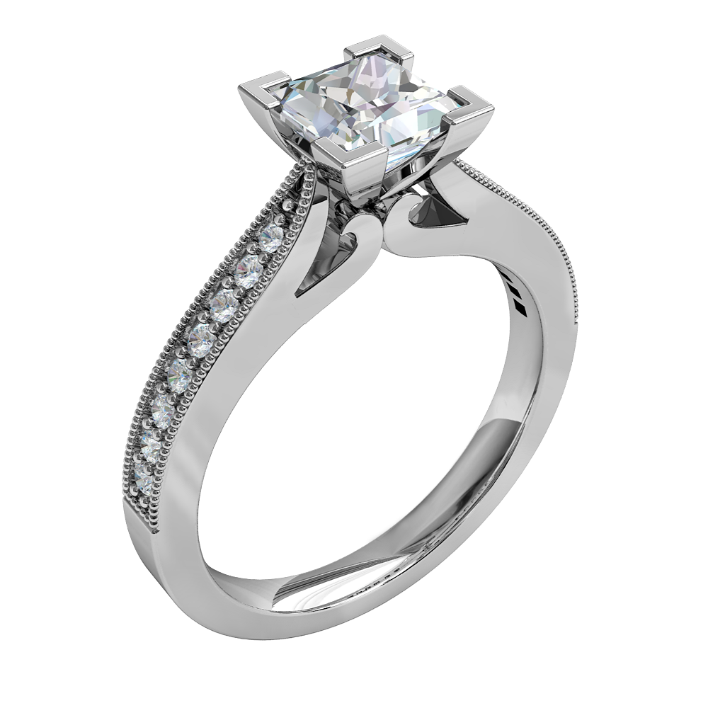Princess Cut Solitaire Diamond Engagement Ring, 4 Corner Claws on a Tapered Milgrain Bead Set Band with V Scroll Undersetting.