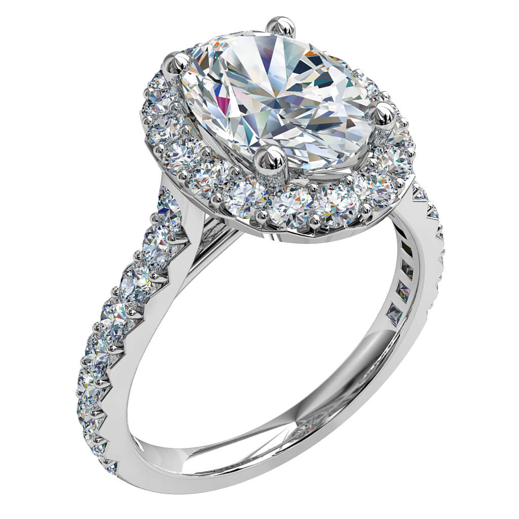 Oval Cut Diamond Engagement Ring, Cut Claw Halo and Band with Hidden Diamond Undersetting.