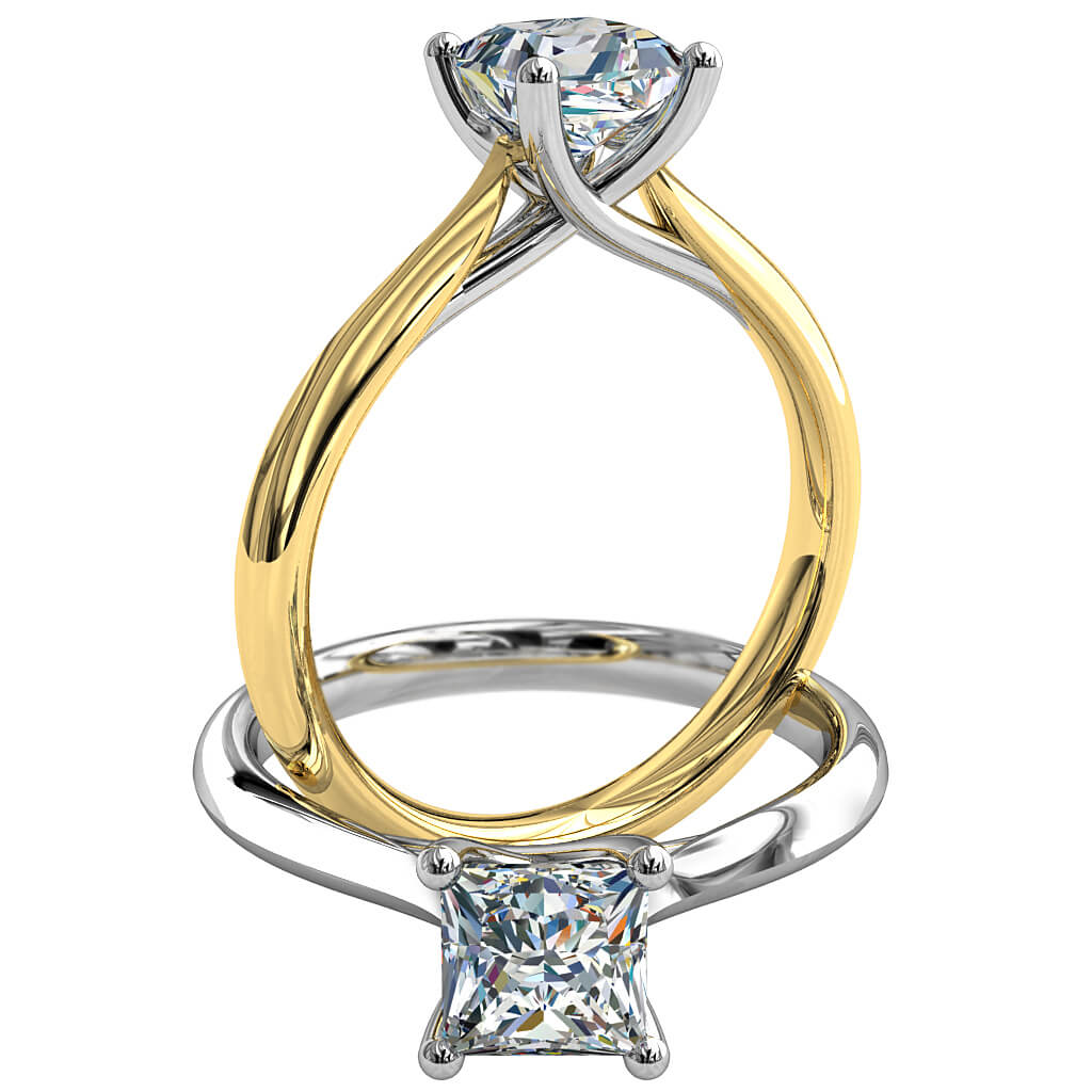 Princess Cut Solitaire Diamond Engagement Ring, 4 Button Claws and an Undersweep Setting.